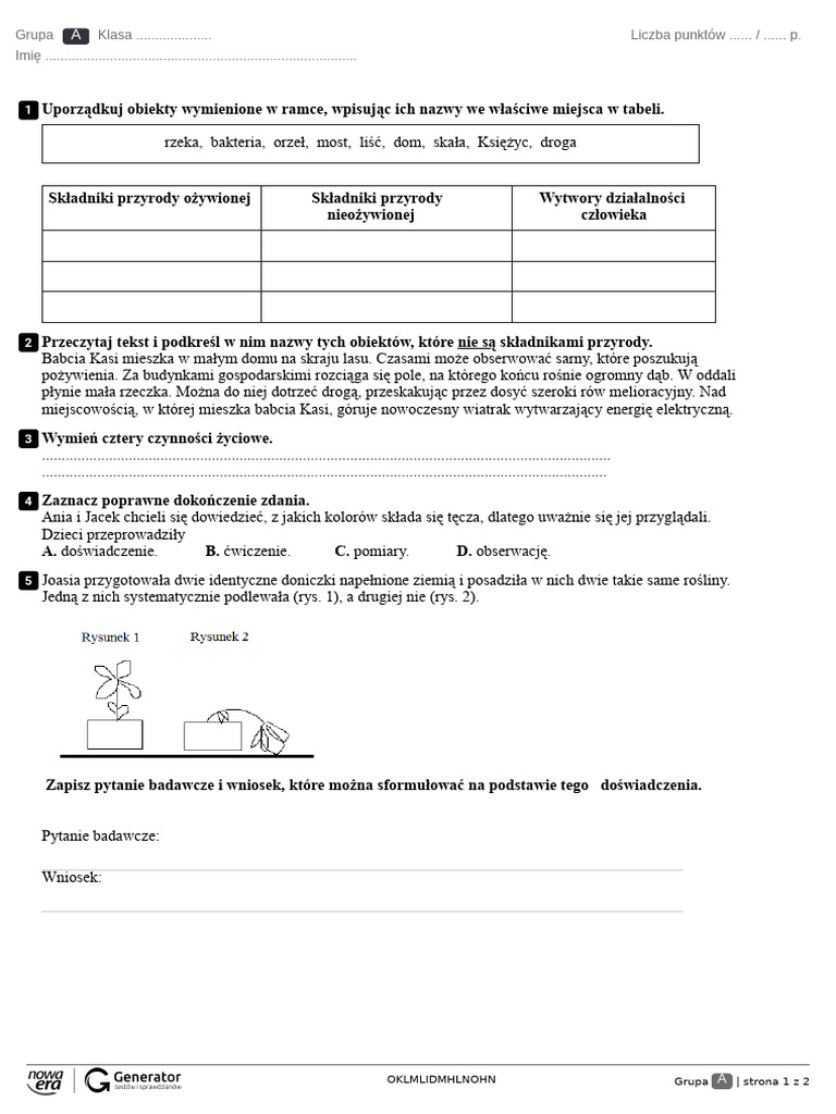 Poznajemy Warsztat Przyrodnika Sprawdzian Klasa 4 Pdf Test Po Dziale 1. Poznajemy Warsztat Przyrodnika, Wersja 1 Test (Bez