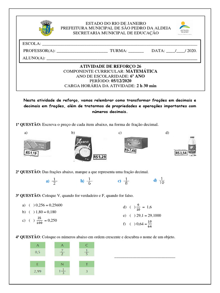 Reforço de Matemática: Frações e Decimais 6º Ano | PDF | Matemática