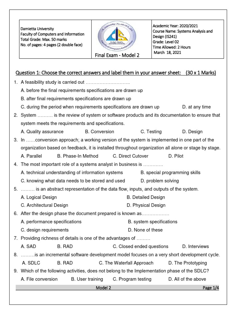 Systems Analysis and Design Final Exam | PDF | System | Feasibility Study