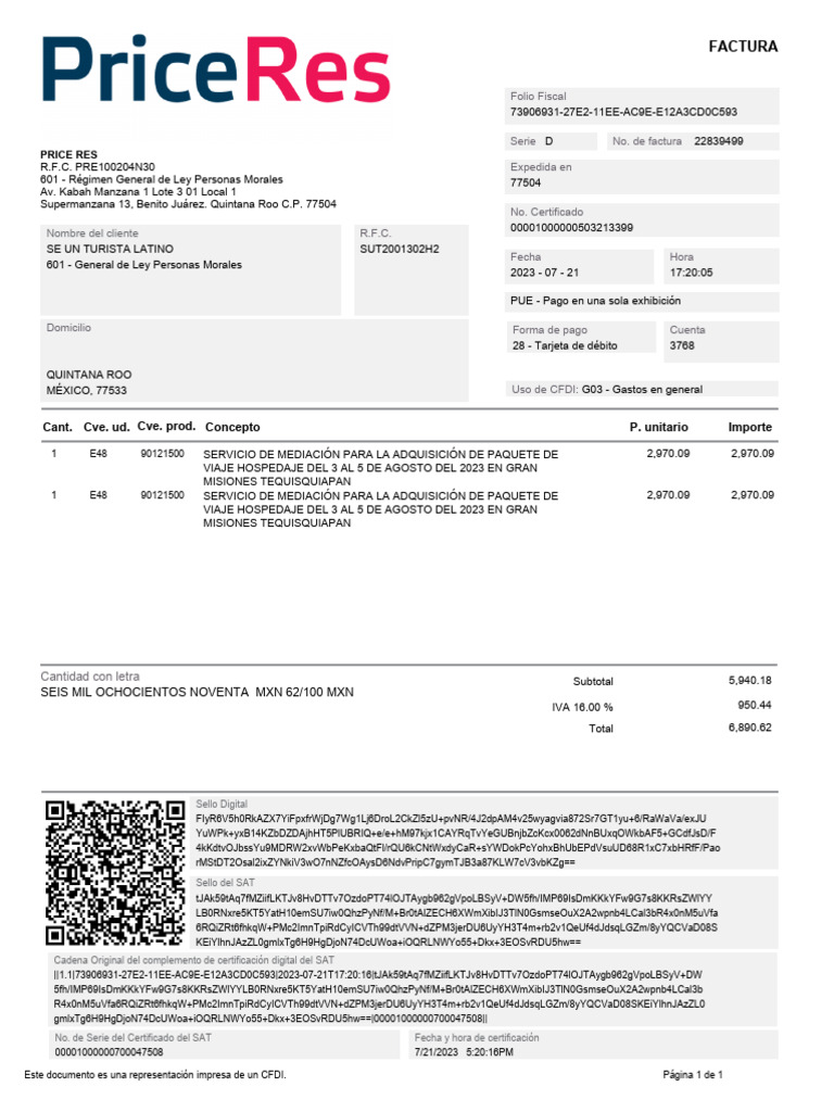 Factura CFDI por Paquete de Viaje | PDF