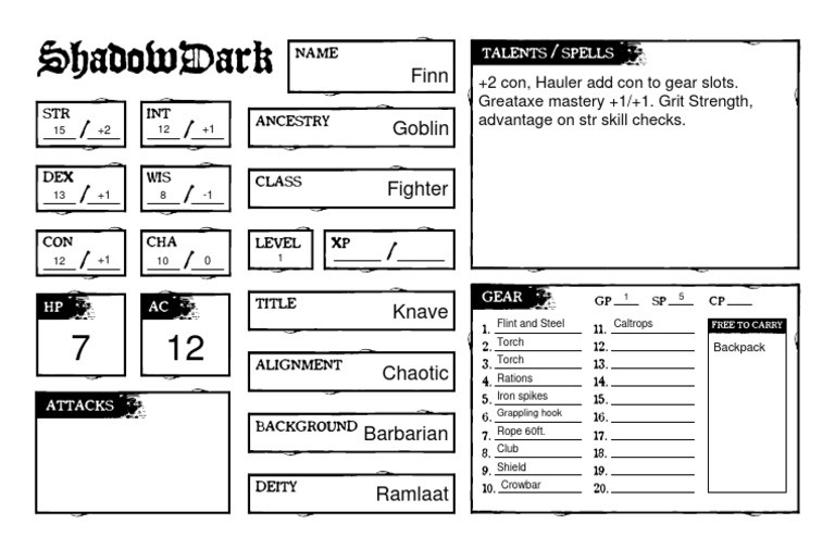 ShadowDark Character Sheet Template | PDF