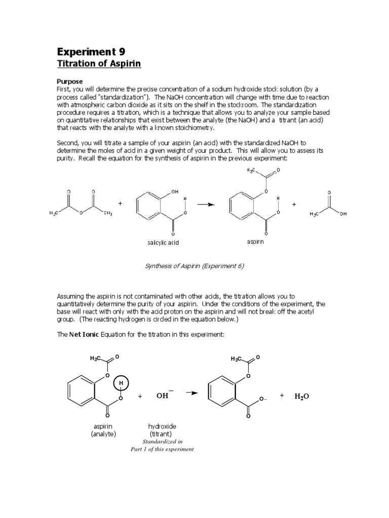 Experiment 9 Titration of Aspirin PDF Titration Chemistry