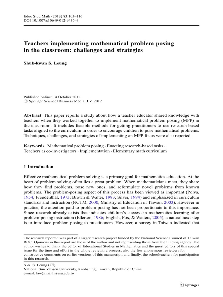 Leung 2013 teachers implementing mathematical problem posing in the