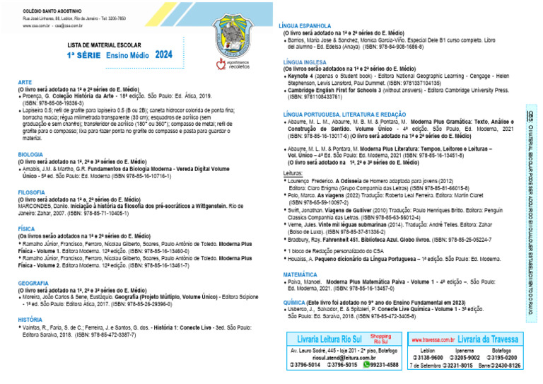 Material Escolar 1º Ano Ensino Médio 2024 | PDF