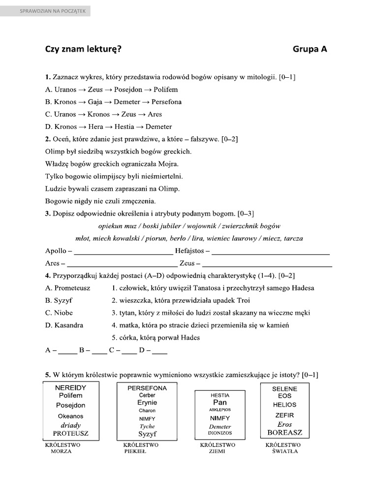 Test Z Mitologii Klasa 5 Pdf Mitologia-karta-pracy. | PDF