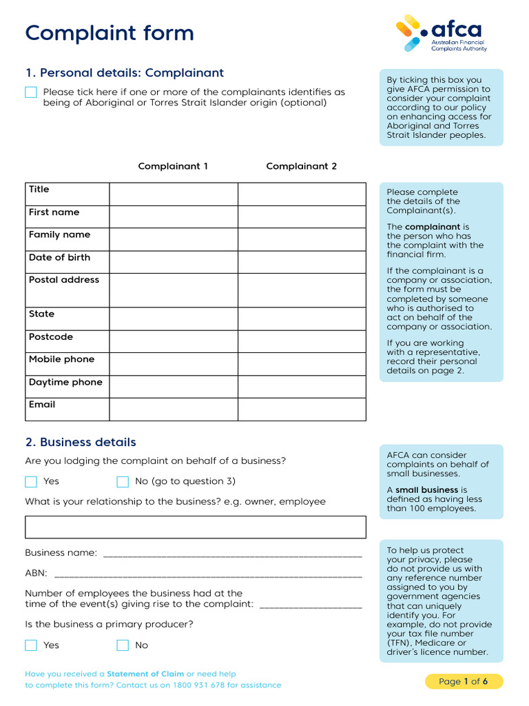 AFCA Complaint Form Instructions | PDF | Complaint | Information
