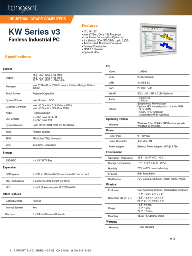 Tangent KW Series Industrial PCs | PDF | Intel | Manufactured Goods