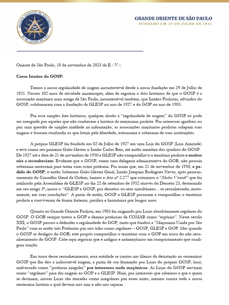 GOSP: 102 Anos de Regularidade Maçônica | PDF | Maçonaria | Loja Maçônica