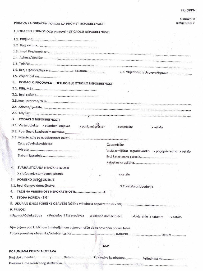 Zahtjev Za Obracun Poreza Na Promet Nepokretnosti PDF