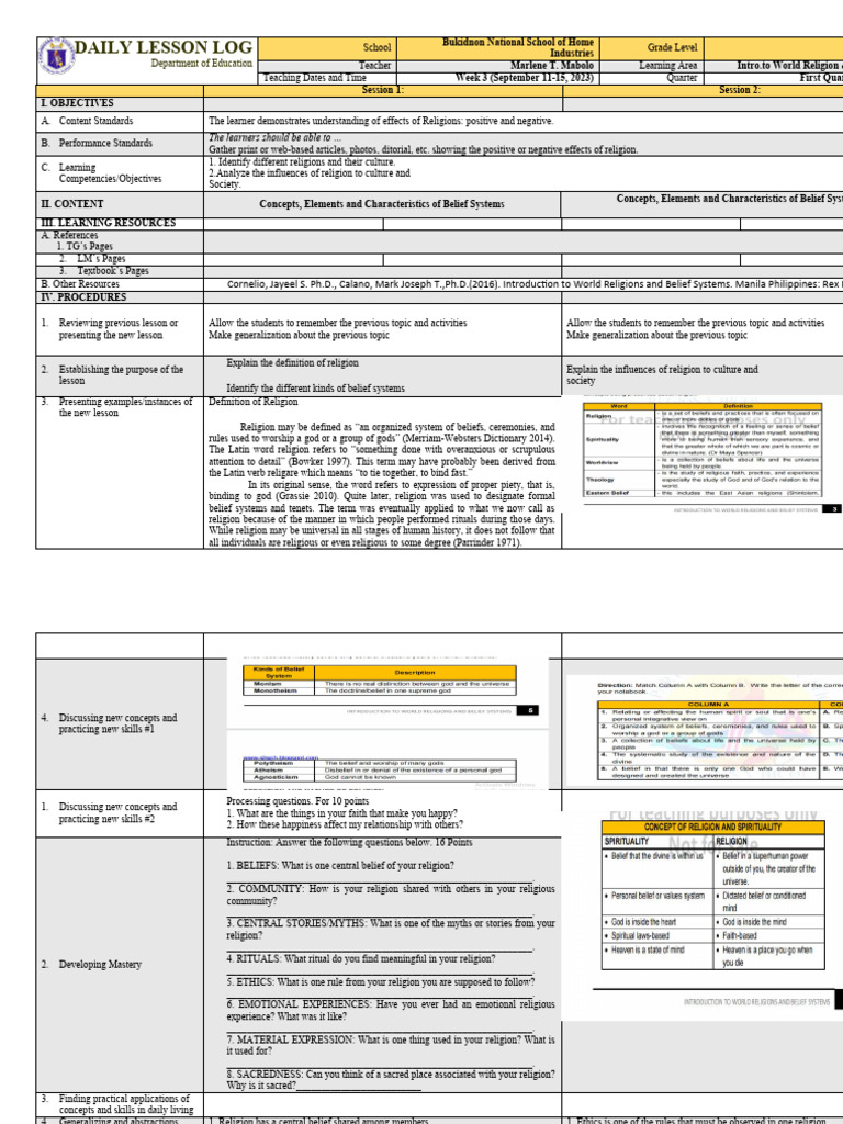 Dll Religion Quarter 1 Week 3 Pdf Learning Rituals