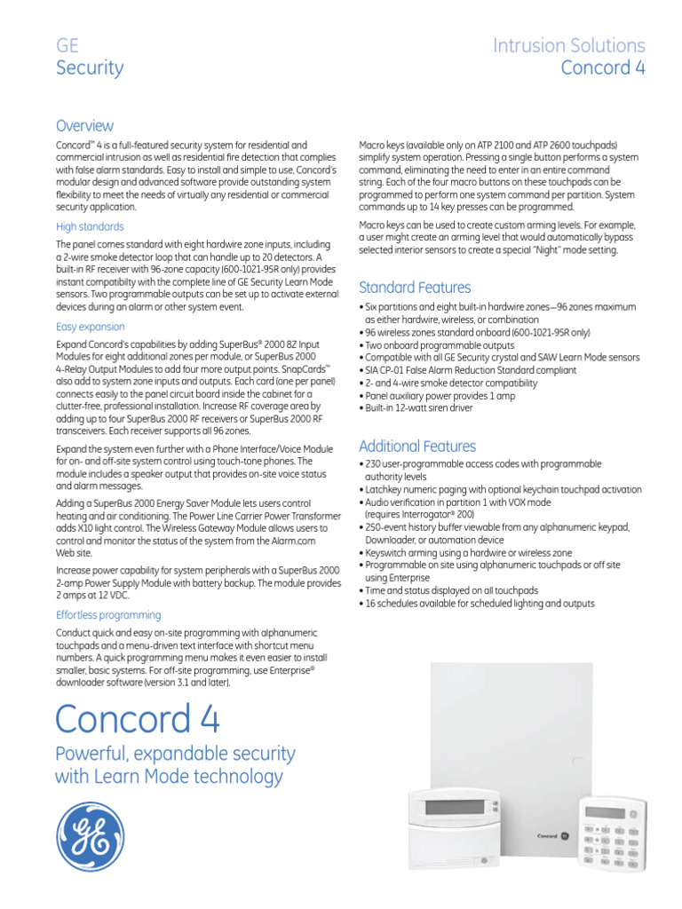 Concord 4 Data Sheet PDF Security Alarm Information And