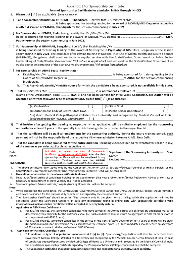 Appendix e sponsorship certificate ini cet pg july 2021 session pdf