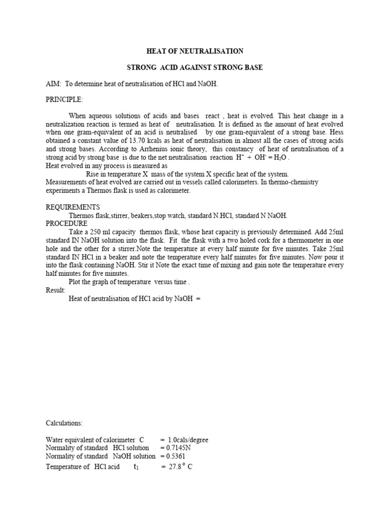 Heat of Neutralisation1 PDF Acid Heat