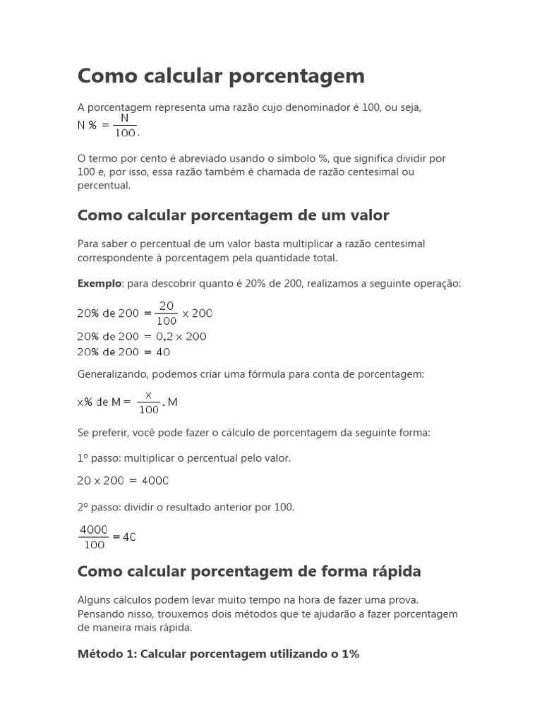 Como Calcular Porcentagem Passo a Passo | PDF | Percentagem | Matemática