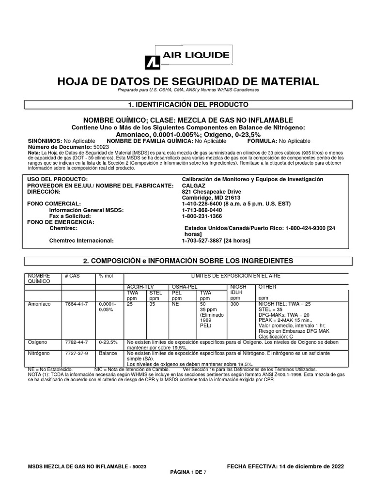 Msds Gas Cal 2 Nh3 PN 10001012 Trad PDF Amoníaco Agua