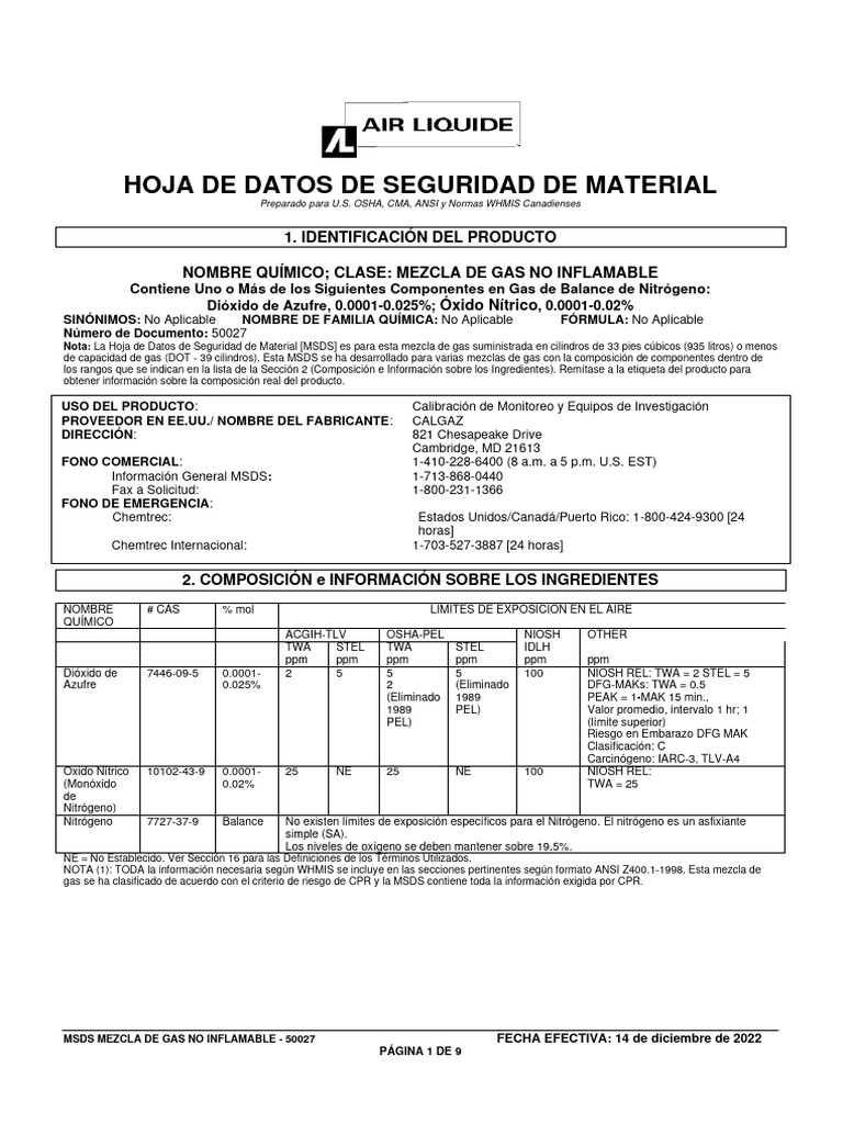 MSDS Gas Cal 1 SO2 PN 10001011 TRAD PDF Nitrógeno Dióxido de