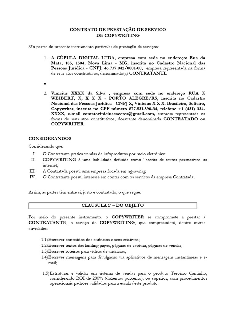 Contrato de Copywriting entre Vinícius e Cúpula Digital | PDF ...