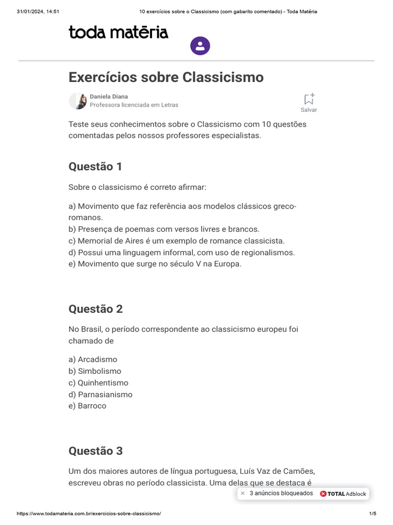 10 Exercícios Sobre o Classicismo (Com Gabarito Comentado) - Toda ...
