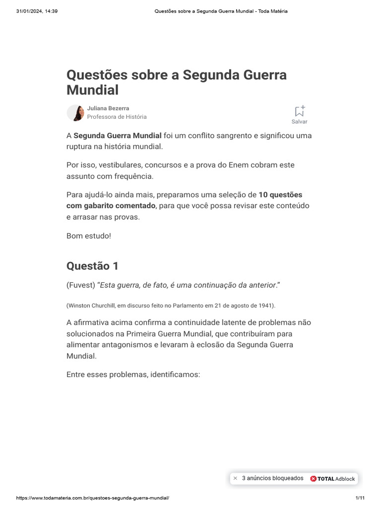 10 Questões sobre a Segunda Guerra Mundial | PDF | Segunda Guerra ...