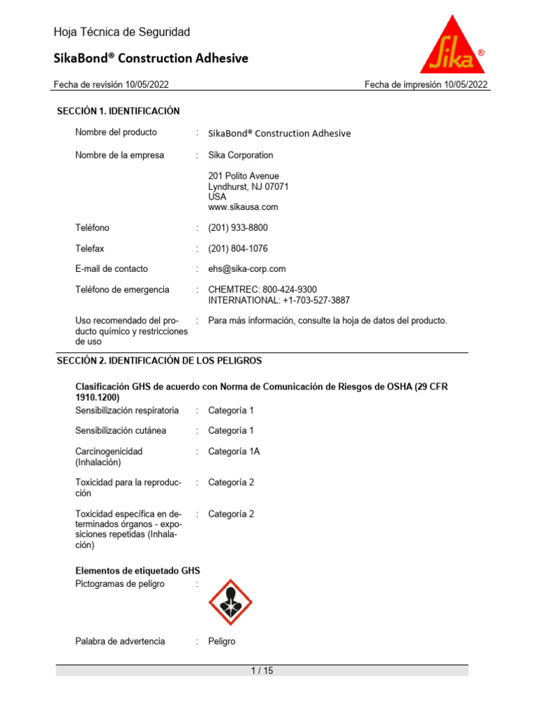 SikaBond Construction Adhesive Spanish PDF Cáncer Cáncer de pulmón