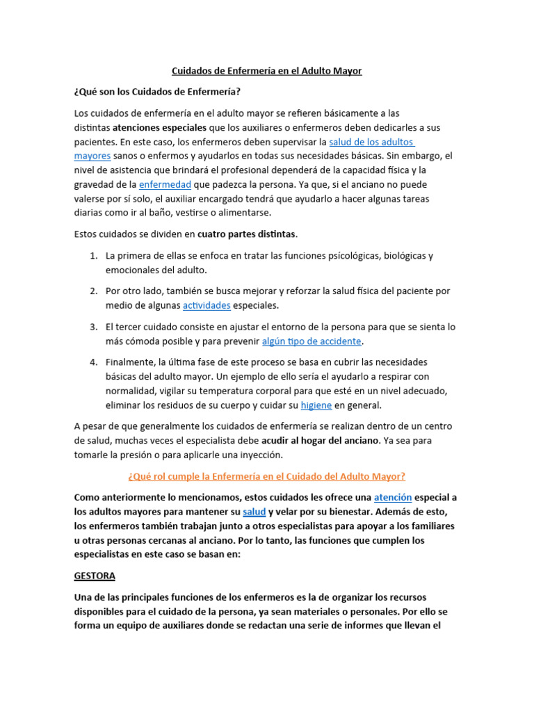 Cuidados de Enfermería en Adultos Mayores | PDF | Vejez | Enfermería