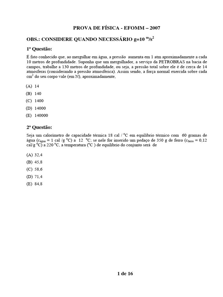 Prova de Física EFOMM 2007: Questões e Respostas | PDF | Ondas | Gases