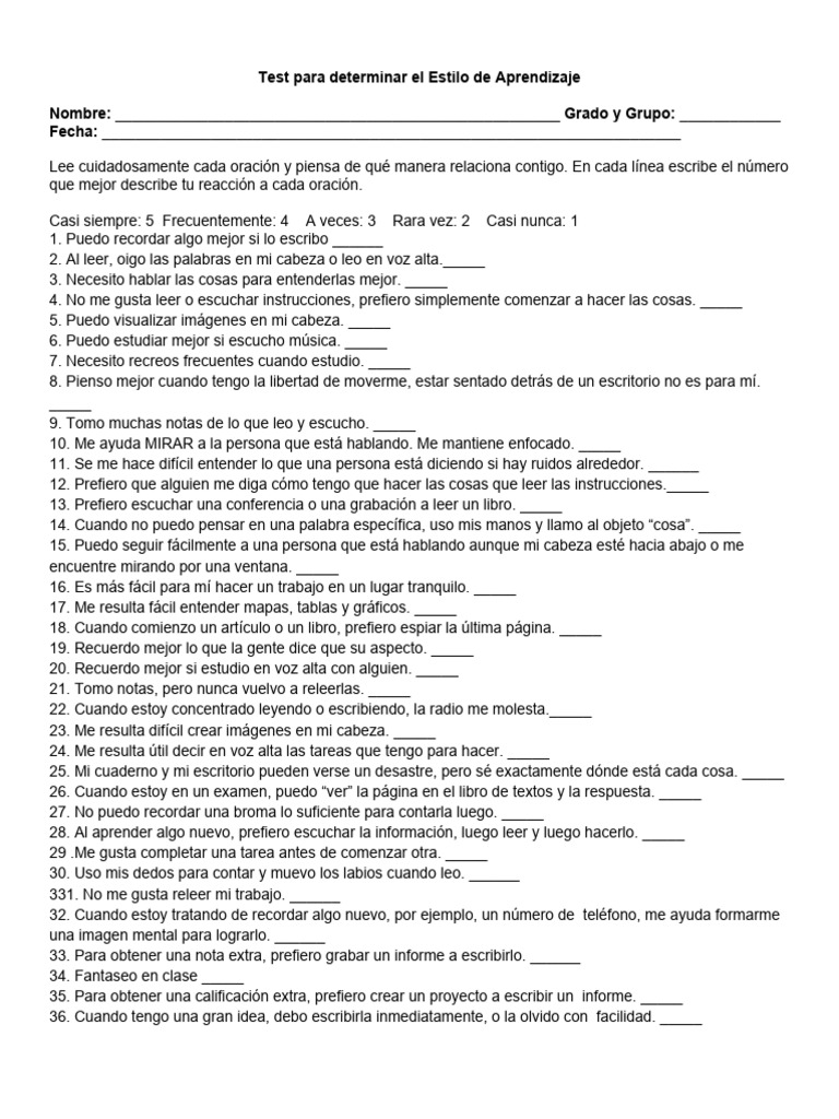 Test para Identificar Estilos de Aprendizaje | PDF