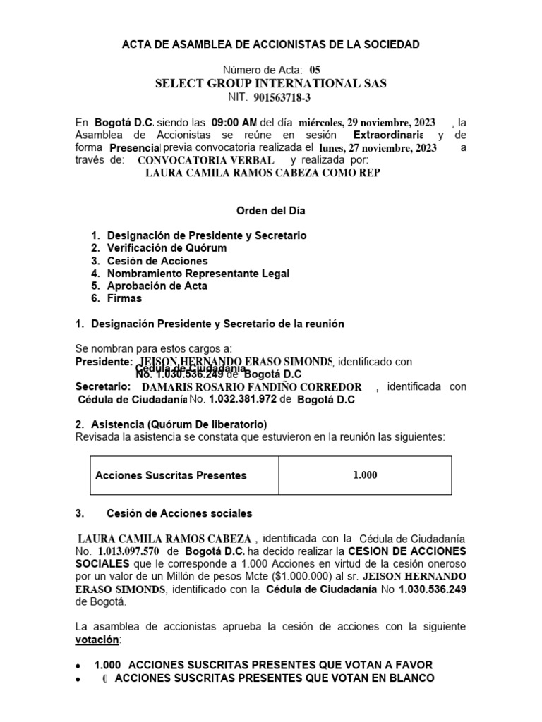 Acta de asamblea de accionistas de la sociedad cambio representante