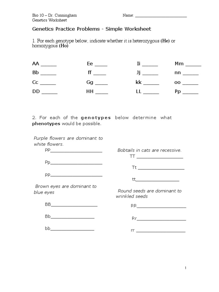 Free Worksheet Genetics Practice Problems Simple Worksheet introduction basic genetics zygosity dominance genetics