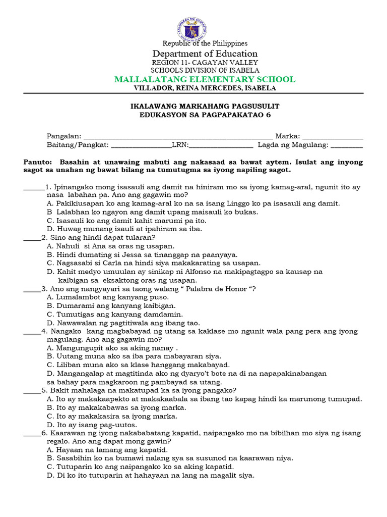 Esp6 Second Periodical Test 30 Items Pdf