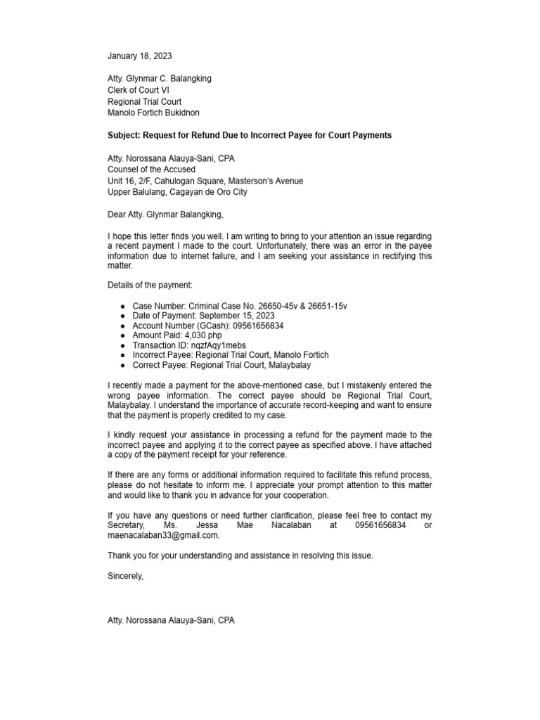 Court Fee Refund Request for Wrong Payee | PDF