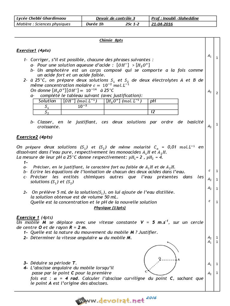 Devoir de contrôle 3 en Physique-Chimie | PDF | Pression | Ph