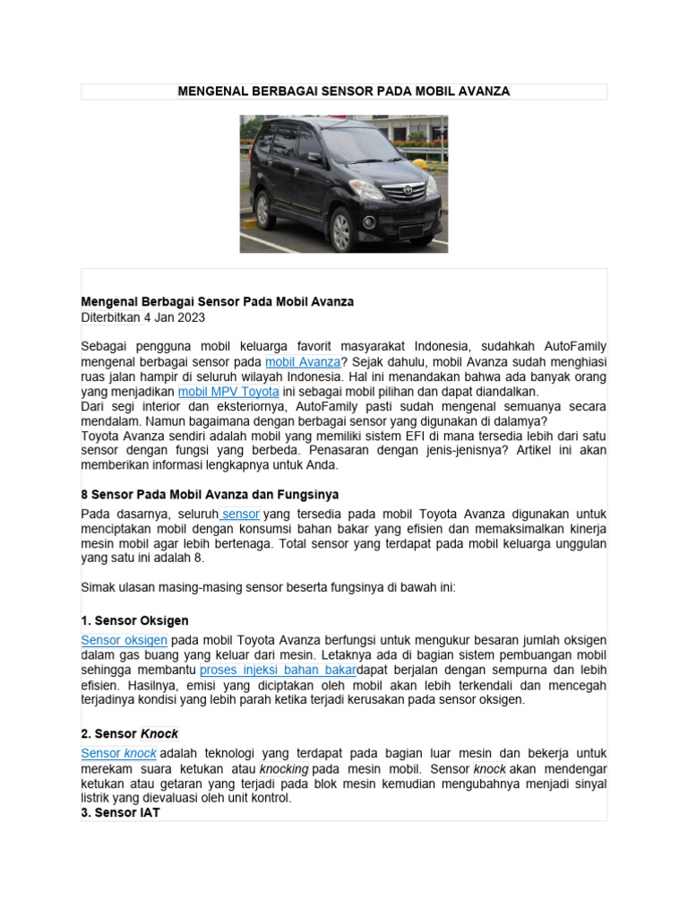 Mengenal Berbagai Sensor Pada Mobil Avanza | PDF