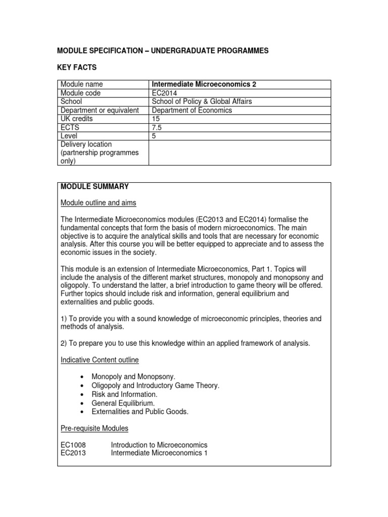 Intermediate Microeconomics 2 Module Guide | PDF | Microeconomics ...