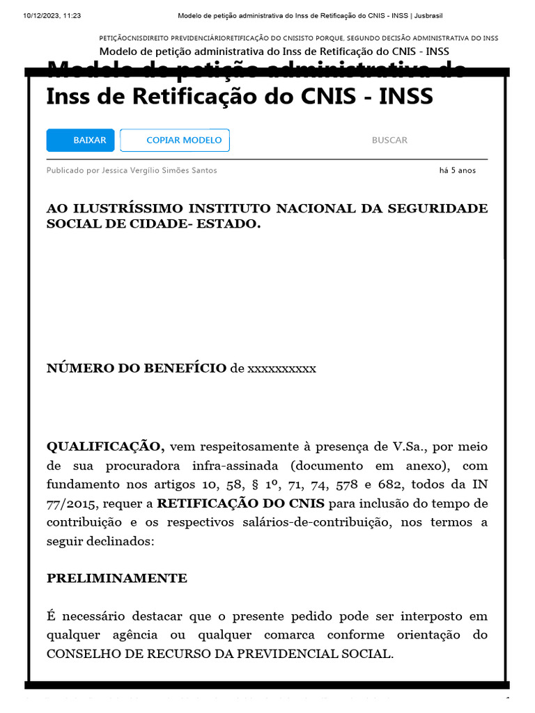 Petição de Retificação do CNIS INSS | PDF | Justiça | Crime e Violência