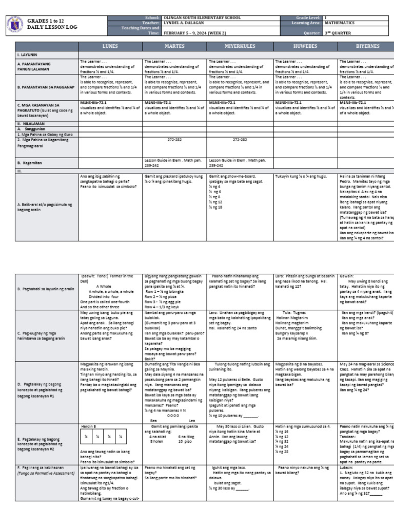 Grade 1 Math Daily Lesson Log: Fractions | PDF | Learning ...
