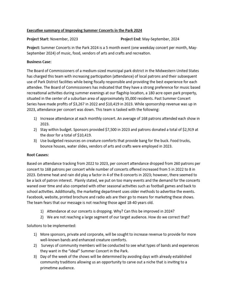 Executive summary of improving summer concerts in the park 2024 pdf