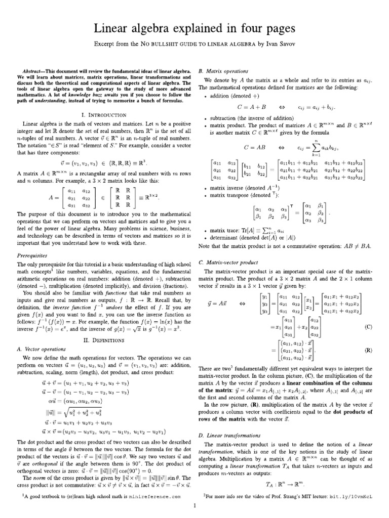 Linear Algebra Explained in Four Pages | PDF