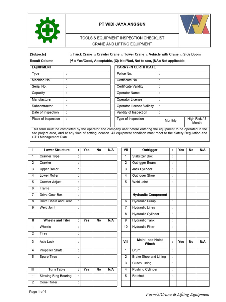 Crane and Lifting Equipment Checklist | PDF | Crane (Machine) | Equipment