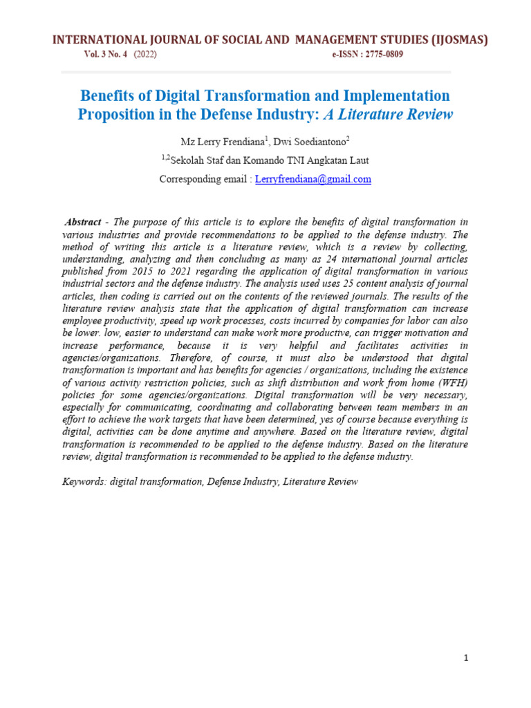 Benefits Of Digital Transformation And Implementation Proposition In