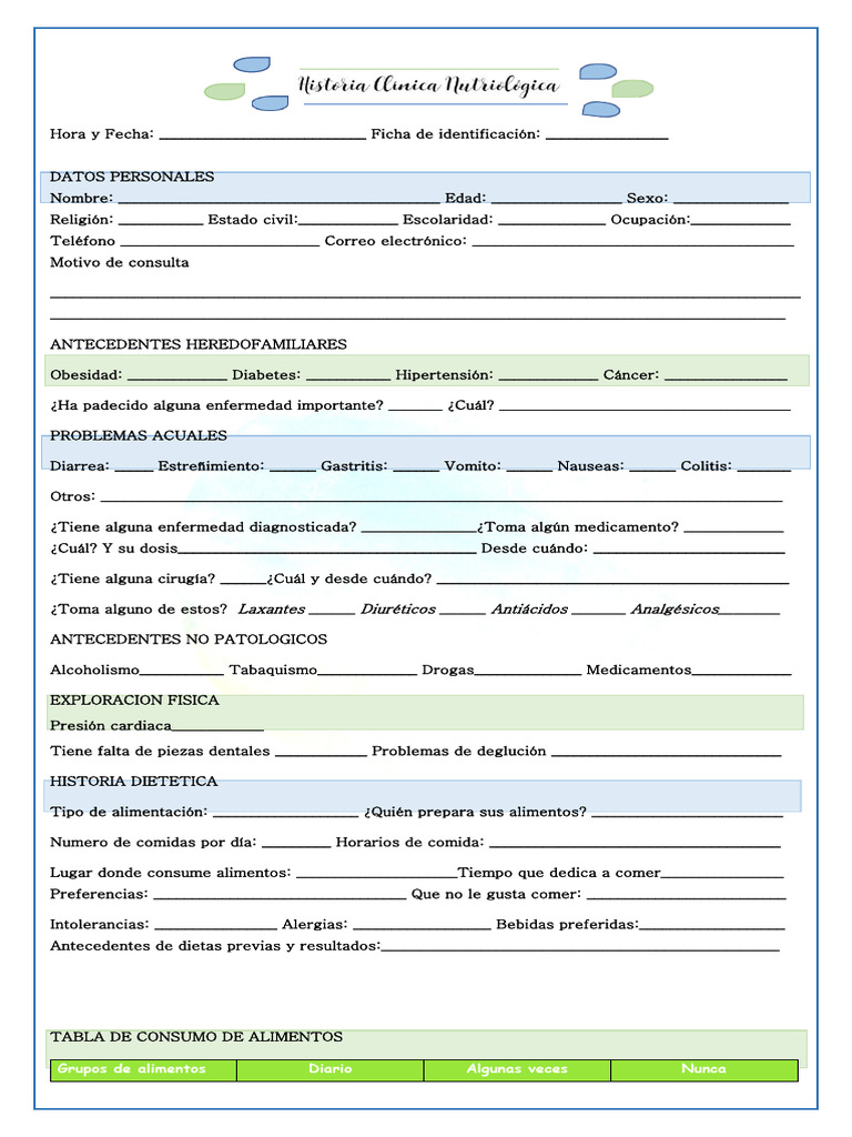 Historia Clinica Nutriologica | PDF | Alimentos | Especialidades Medicas