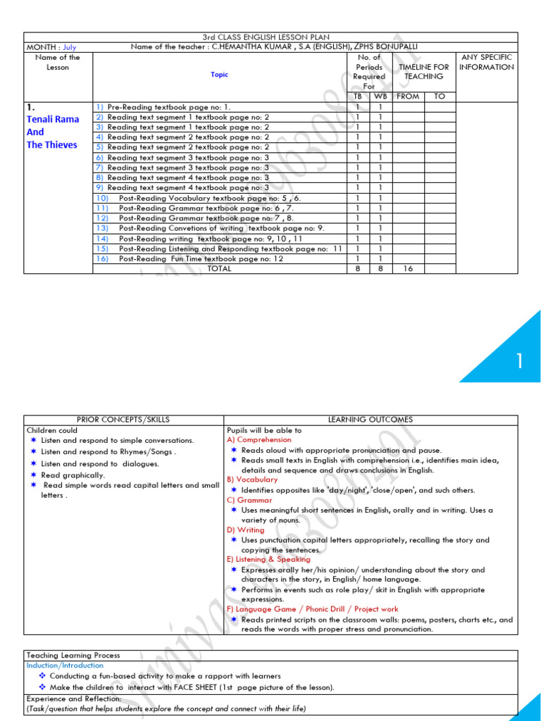 3 RD Class English Lesson Plans | PDF | Reading Comprehension | English ...