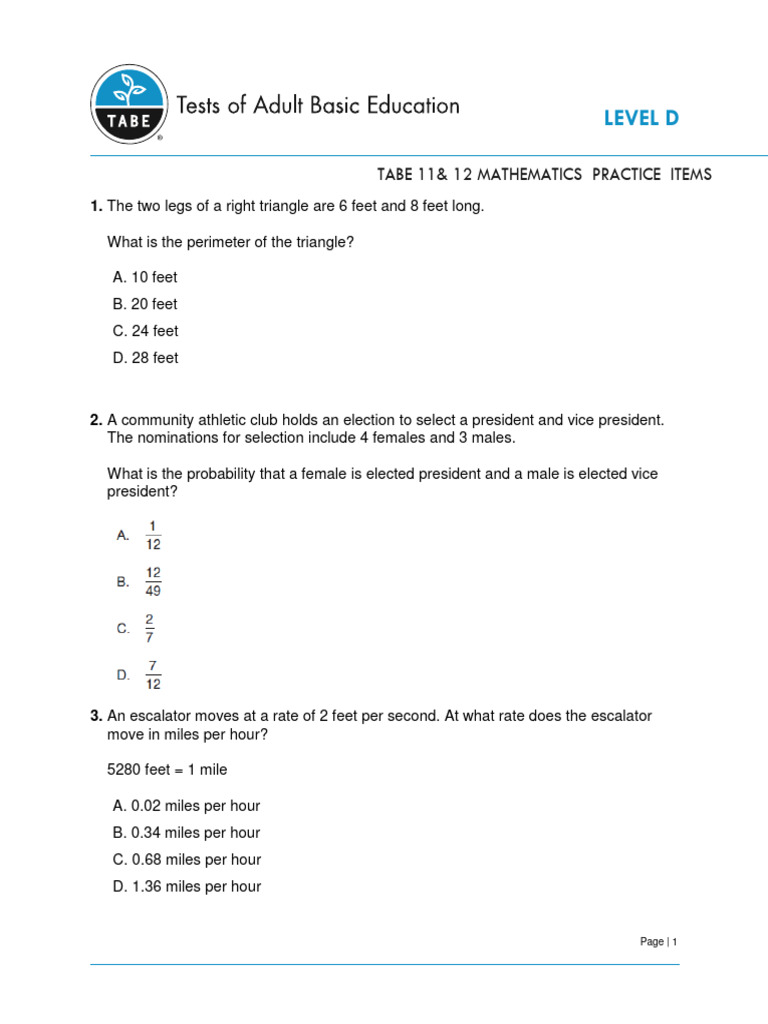 TABE Level D Math Practice Items | PDF | Combinatorics | Mathematical ...