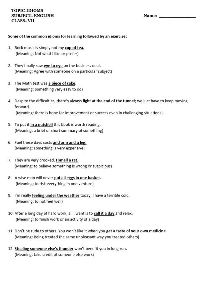 Idioms Worksheet Class7 | PDF