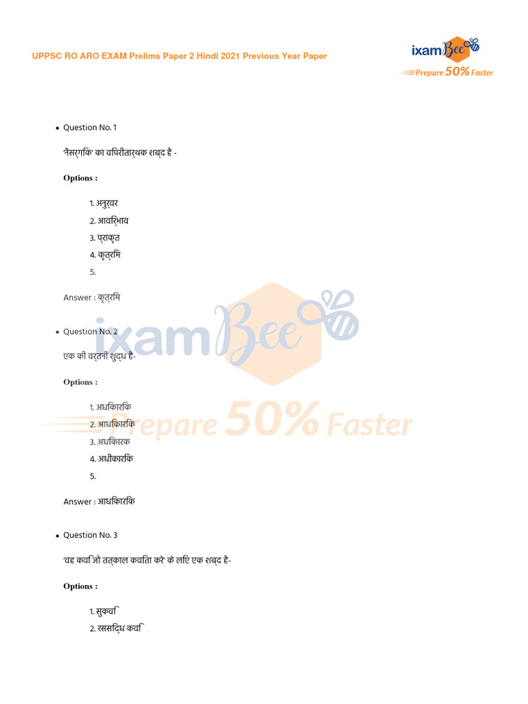UPPSC RO ARO EXAM Prelims Paper 2 Hindi 2021 Previous Year Paper | PDF
