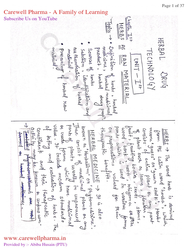 Unit 1 herbal drug technology b pharmacy 6th sem carewell pharma