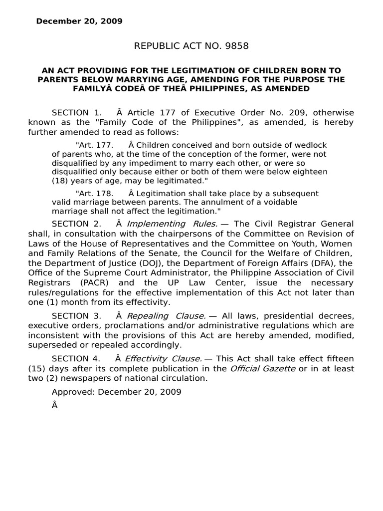 Amending The Family Code Re Legitimation of Children Born To Parents