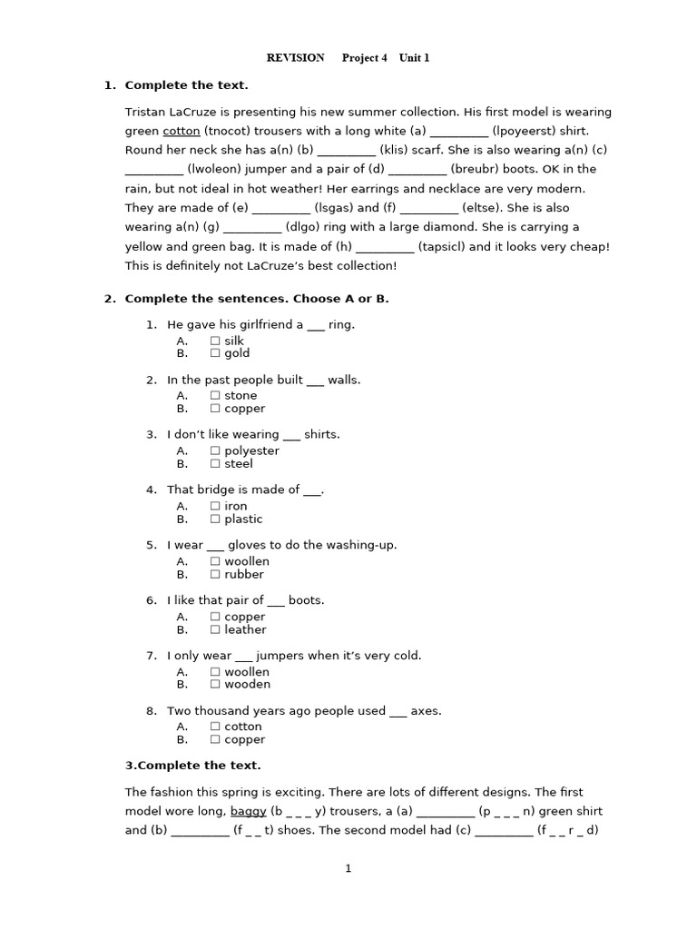 Project 4 Unit 1 Test Revision Guide | PDF | Clothing | Fashion