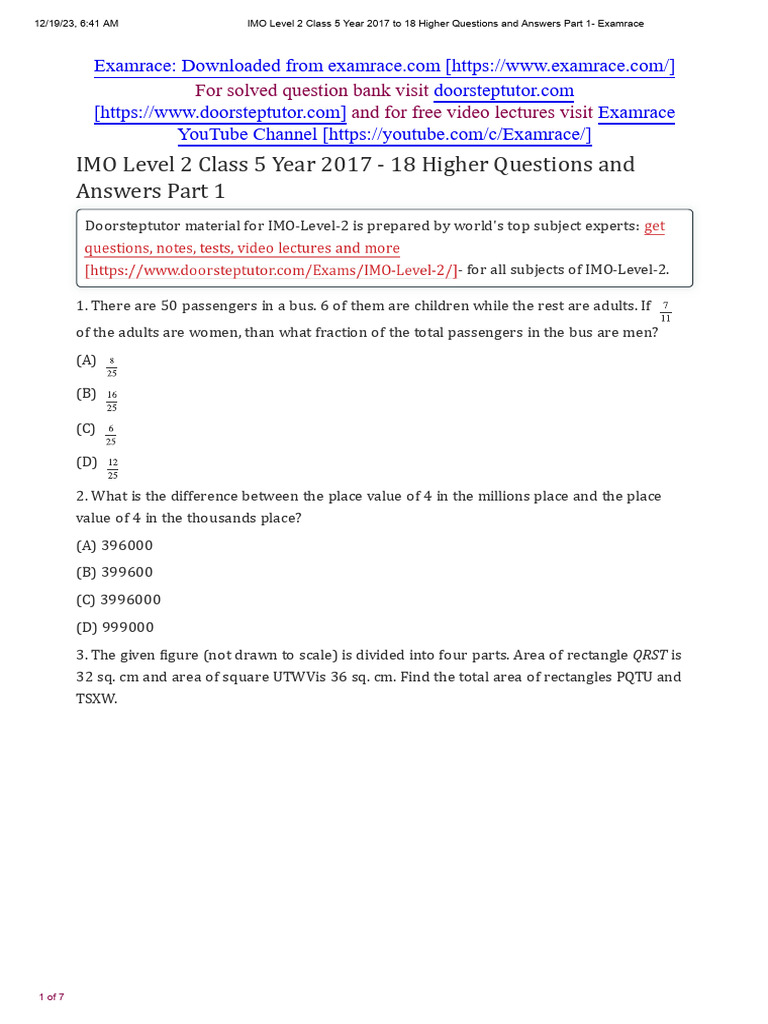 IMO Level 2 Class 5 Questions 2017-18 | PDF | Faq | Area
