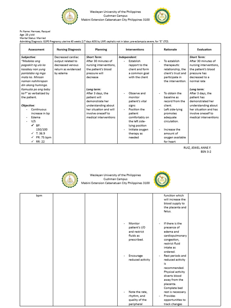 Preeclampsia Nursing Care Plan PDF Heart Rate Heart